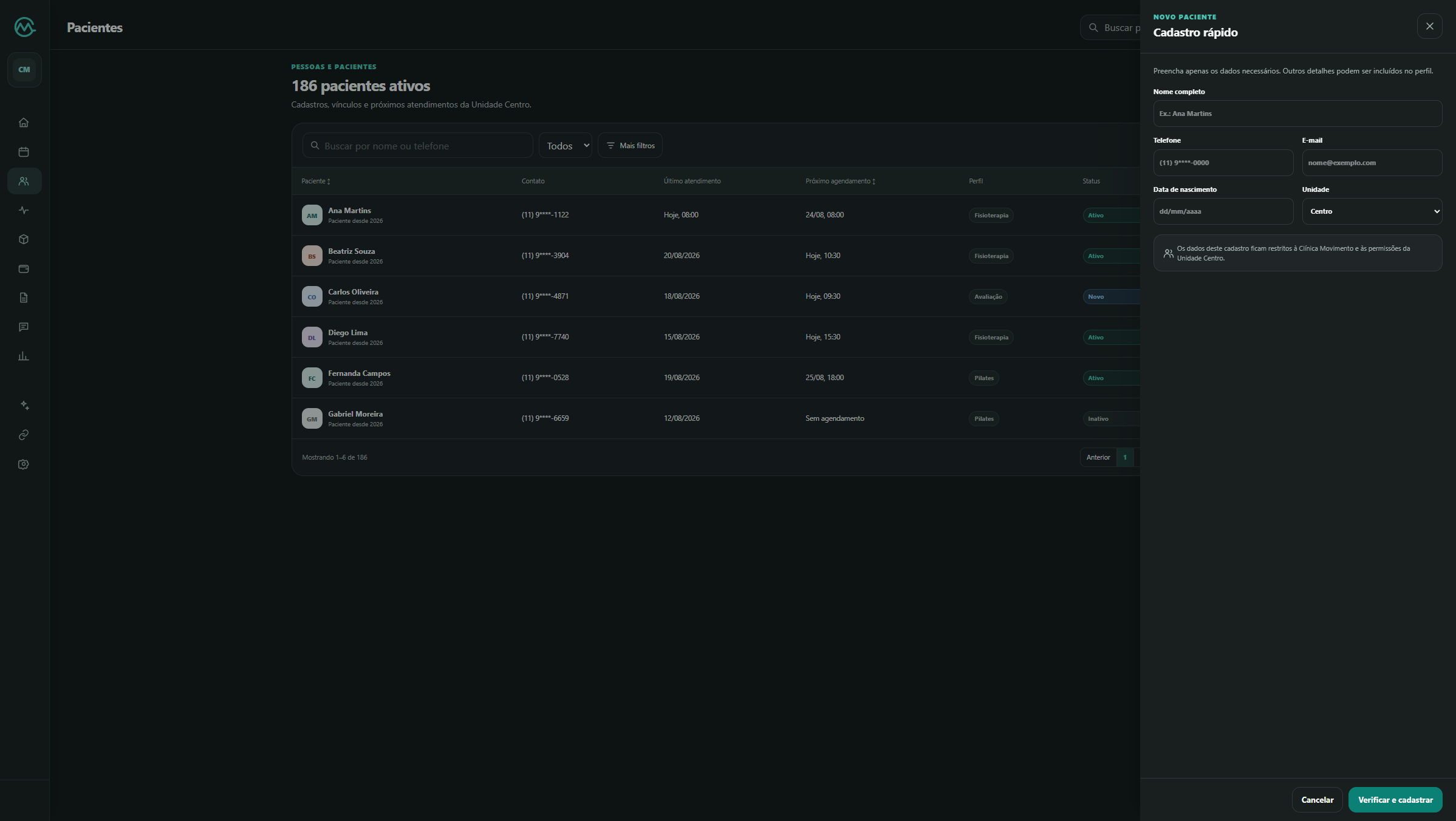 Movune patients interface in the dark theme with quick registration open.