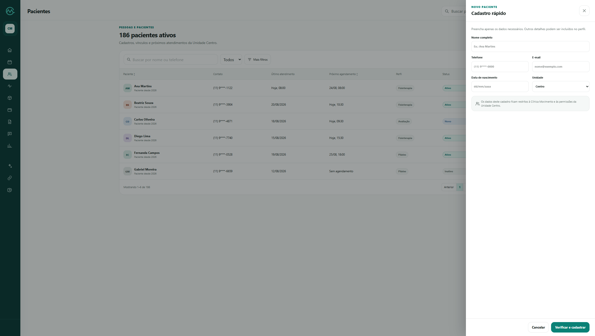 Movune patients interface in the light theme with quick registration open.